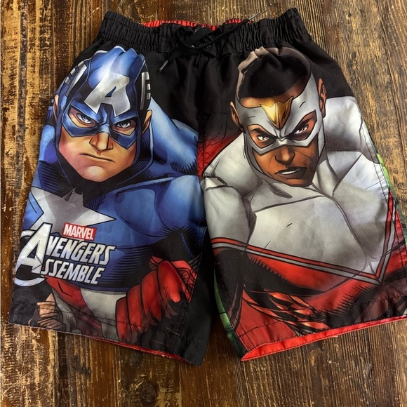 Marvel Black and Red Swim Trunks with Superhero Print - Picture 1 of 5